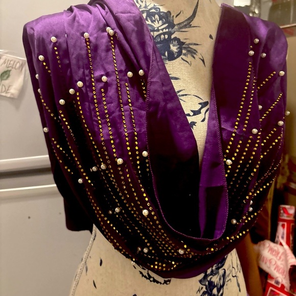 VTG Beaded & Stoned Scarf Wrap Bead Detailing Rhinestone - Picture 4 of 7